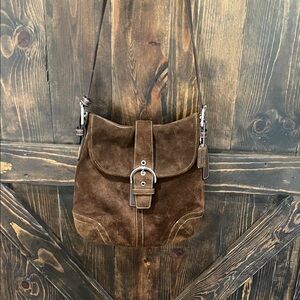 Coach - Brown Suede Crossbody Shoulder Bag - Classic Leather Accent